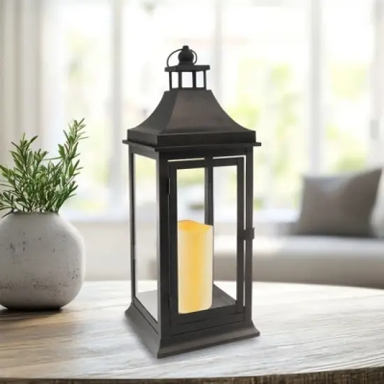 LumaBase Metal Lantern with Battery-Operated Candle - 19" Black image {1}