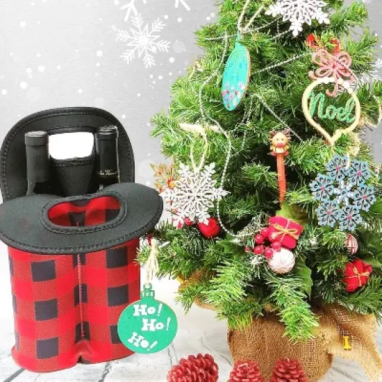 Wrapables Insulated Neoprene Wine Tote, Two Bottles, Red Checkered image {7}