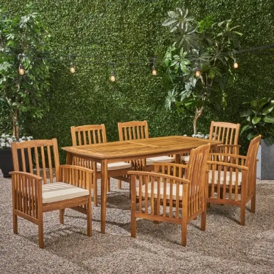 Christopher Knight Home Lepage Outdoor Acacia Wood 7 Piece Dining Set with Water Resistant Cushion image {1}