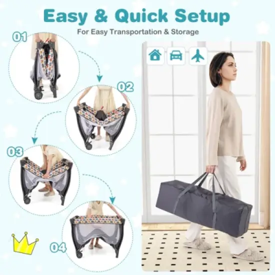 Infans 4 in 1 Portable Baby Playard w/Bassinet, Changing Table, Lockable Wheel, Foldable Travel Baby Crib Nursery Center, Gray, Elephant image {3}