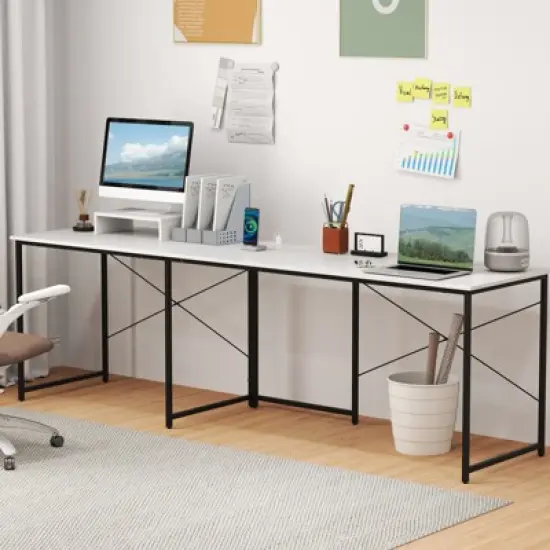 Tangkula L-Shaped Computer Desk with Power Outlets 95&rdquo; Long 2-Person Desk with Monitor Shelf Modern Corner Desk Gaming Table with USB Ports White image {1}