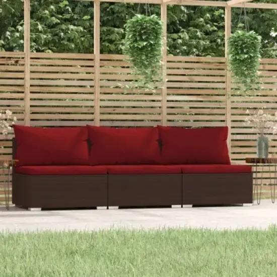 vidaXL Brown Patio Furniture Poly Rattan - Red Cushions - 3 Seats image {1}