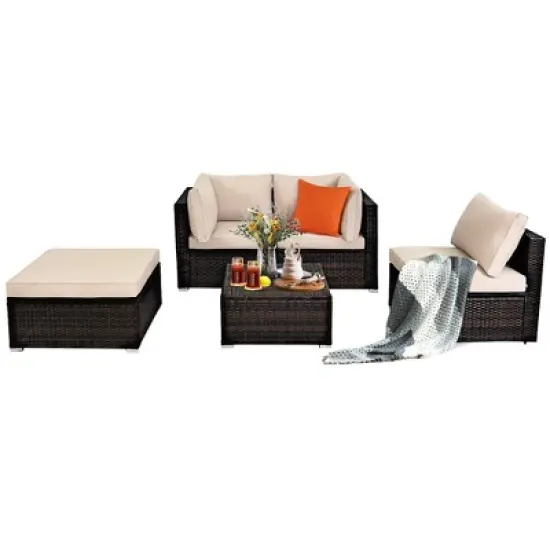 Costway 5PCS Patio Rattan Furniture Set Ottoman Table image {9}