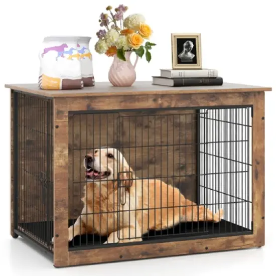 Costway 39&rdquo; Dog Kennel w/ Chew-Resistant Metal Frame & Soft Mat Double Doors Dog Crate End Table image {10}