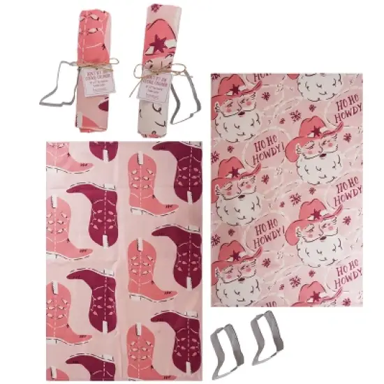 Transpac Cowboy Santa Pink Tea Towel and Cookie Set for Christmas Kitchen Textiles Multicolor Polyester Holiday Gift image {1}