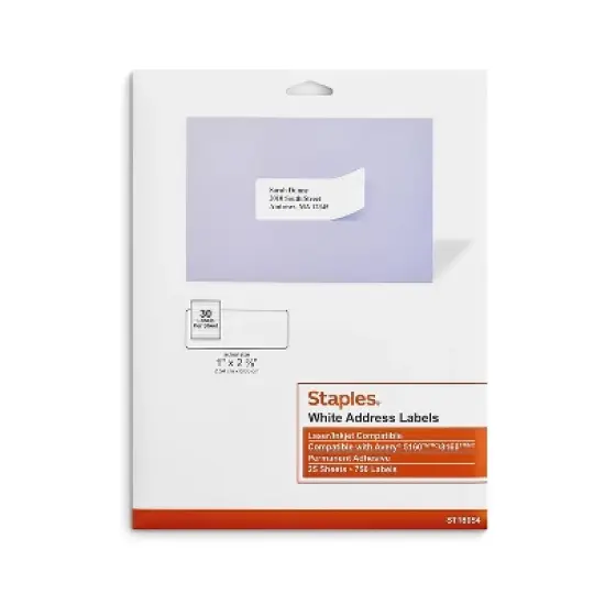 Staples Laser/Inkjet Address Labels 1" x 2 5/8" White 30 Labels/Sheet 18054/SIWJ100 image {5}