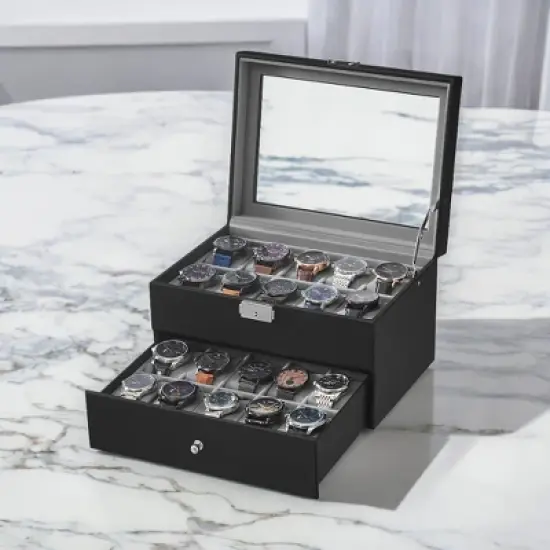 Sleek 6-Slot Watch Box, Large Glass Lid, Removable Pillows, Watch Organizer - Gift for Loved Ones, Black Synthetic Leather image {2}