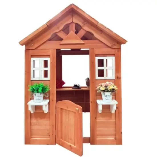 All Wooden Kids Playhouse with 2 windows and flowerpot holder,42"Lx46"Wx55"H,Golden Red image {2}