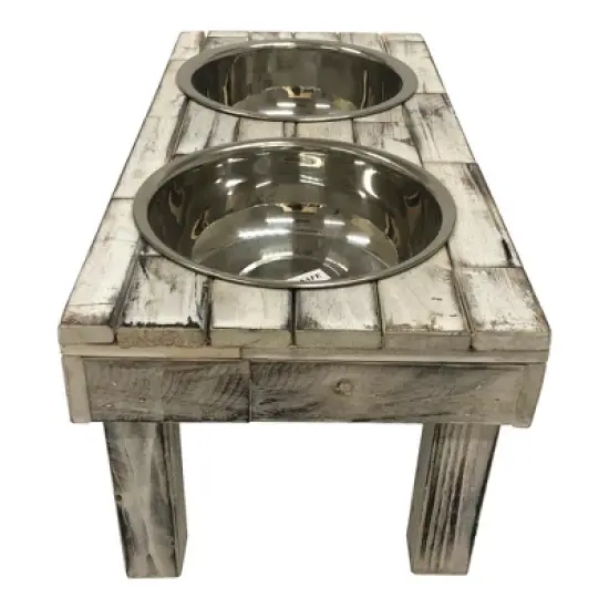 Huntley Pet Berjen Table Elevated Double Bowl Feeder, White Wash (Large) image {3}