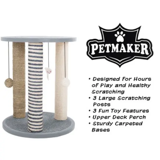 Cat Scratching Post Tower with 3 Posts, 2 Carpeted Perches, Sisal Rope Scratchers for Indoor Cats, Hanging Mouse, and Ball Toys by PETMAKER (Gray) image {2}