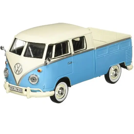 Volkswagen Type 2 (T1) Double Cab Pickup Truck Light Blue and Cream 1/24 Diecast Model Car by Motormax image {1}