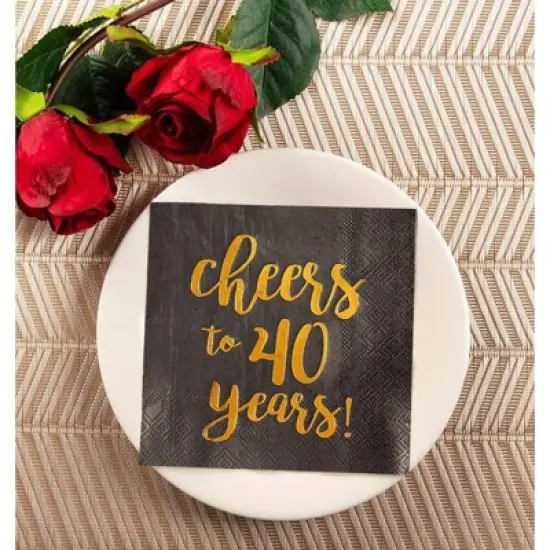 Blue Panda 50 Pack Cheers to 40 Years Cocktail Napkins for 40th Birthday, Anniversary Party Supplies, 3-Ply, Black and Gold Foil, 5 x 5 In image {2}
