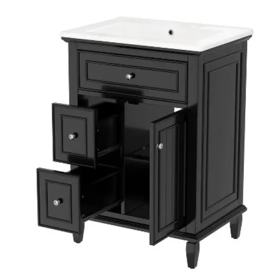 24"W Bathroom Vanity with Ceramic Sink, Bathroom Storage Cabinet with Flip Drawer, White/Black/Light Green/Blue Gray - ModernLuxe image {10}