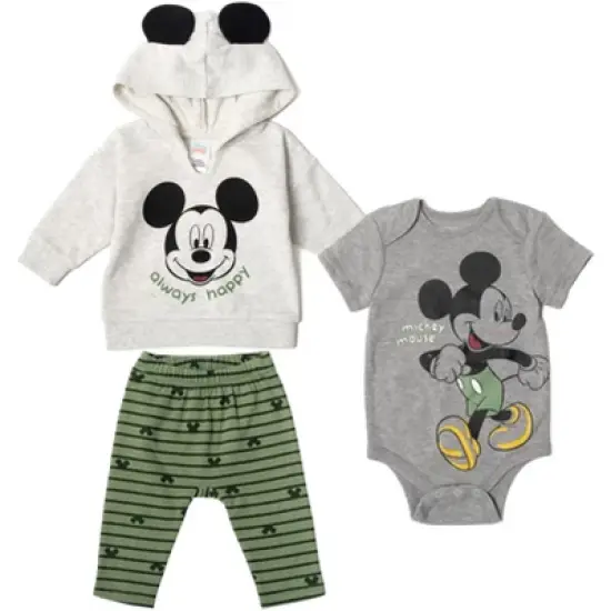 Disney Classics Mickey Mouse Winnie the Pooh Baby Hoodie Bodysuit and Pants 3 Piece Outfit Set Newborn to Infant image {10}