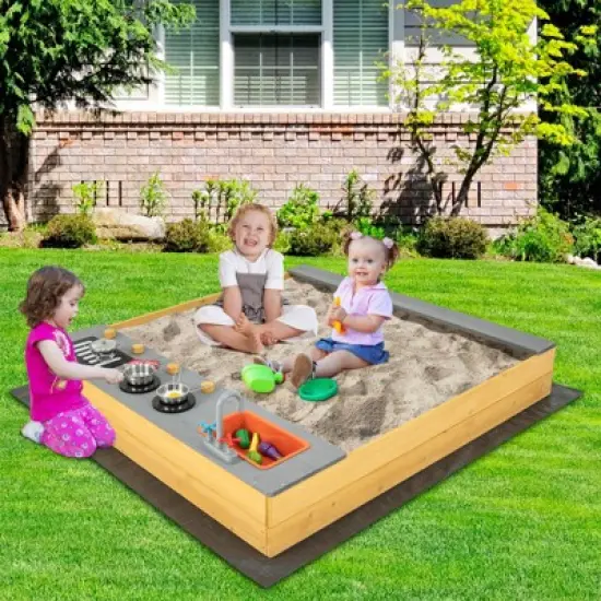 Costway Kids Sandbox Outdoor Wooden Sandpit w/ Bottom Liner Creative Cooking Area image {1}