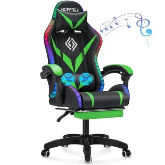 Hoffree Upholstered Massage Gaming Chair Smart Value Ergonomic Office PC Chair with Bluetooth Speaker & RGB Light image {12}