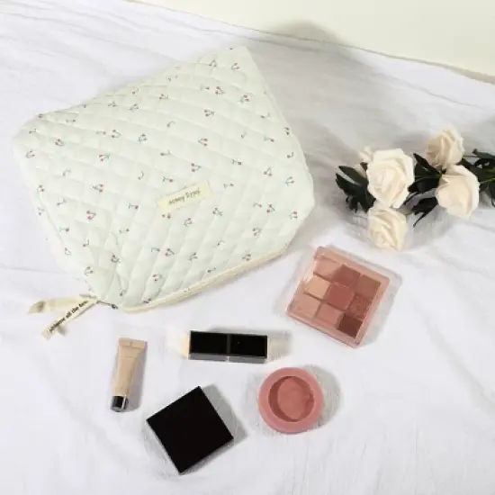 Unique Bargains Cotton Travel Cute Cherry Pattern Large Makeup Bag White 1 Pc image {3}