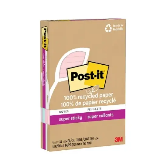 Post-it Recycled Super Sticky Notes 4"x6" Pastels: Large Unbound Multicolored Sticky Notes, 180 Sheets, 100% Recycled Paper image {1}