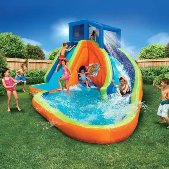 Banzai Sidewinder Falls Inflatable Outdoor Water Park Swimming Splash Pool, Slides, and Adventure Tunnel with Air Blower, Stakes, and Storage Bag image {1}