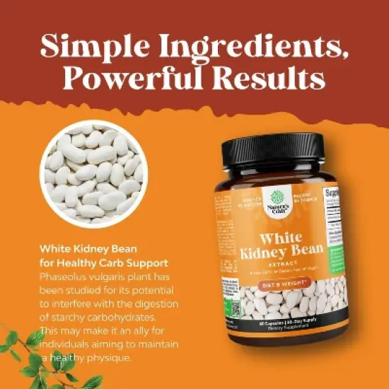 White Kidney Bean Extract Capsules, Supplement for Weight Loss & Reduce Calories, Glucose Support & Carb Control Supplements, Nature's Craft, 60ct image {3}