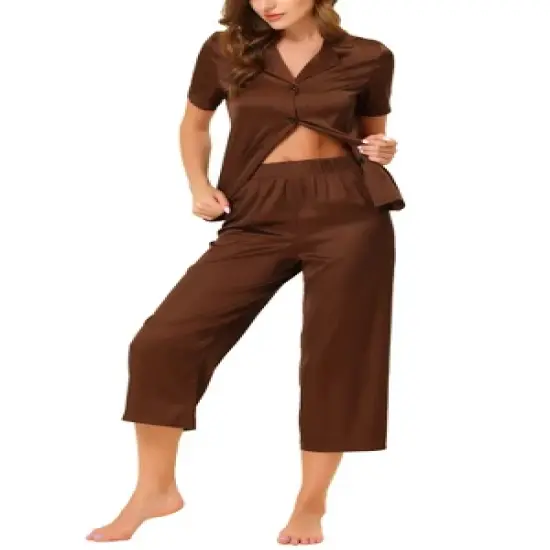 cheibear Womens Pajama Sleepwear Button Down with Capri Pants Satin Lounge Pjs Set image {6}