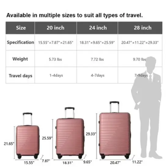 MAYEERTY 3 Piece Lightweight Luggage Set, PP Hardshell Carry on Suitcase with Spinner Wheels & TSA Lock, Pink - 20"/24"/28" image {1}