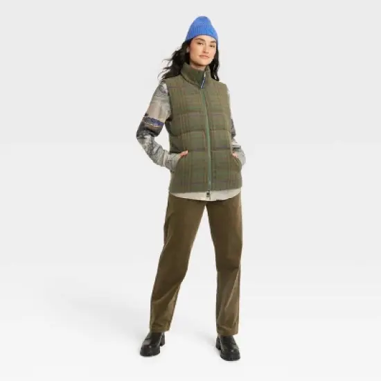 Houston White Adult Puffer Vest - Green Plaid image {2}