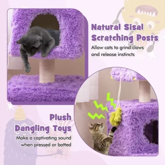 Tangkula Cat Tree Cute Monster-Themed Cat Tower w/ 2 Private Condos & Soft Long Plush image {7}