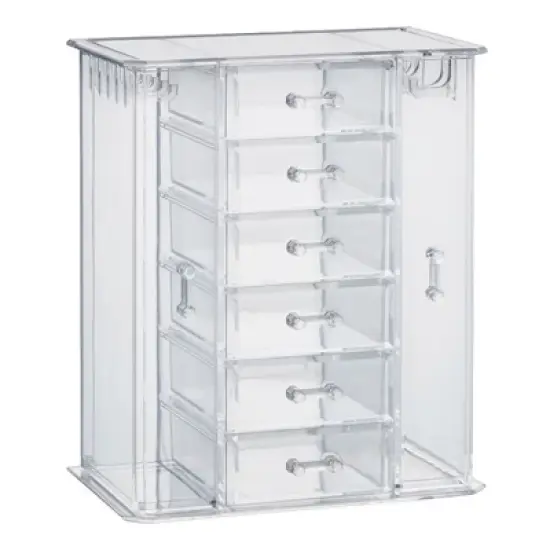 OnDisplay Clear Acrylic Jewelry Organizer Box with 6 Drawers and Side Hooks &ndash; Makeup, Necklace, and Accessory Storage for Dresser or Vanity image {2}