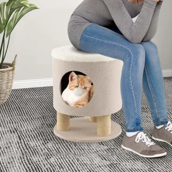 Costway 3-IN-1 Cat Condo Stool Kitty Bed with Scratching Posts & Plush Ball Toy Beige/Grey image {3}