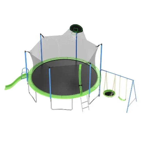 ELJGET 12/14 ft Trampoline with Slide & Swings, Recreational Trampoline with Basketball Hoop & Ladder, Outdoor Backyard Trampoline for Kids & Adults image {1}