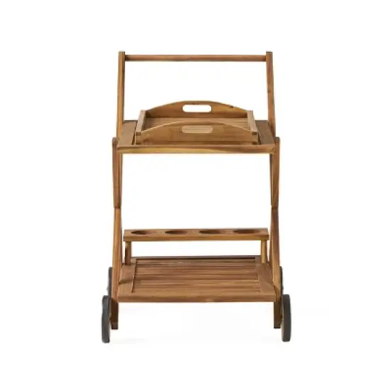 GDFStudio Kenilworth Outdoor Rustic Acacia Wood Bar Cart with Removable Tray and Wheels, Natural Brown image {4}