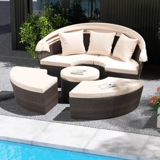 Costway Patio Round Daybed PE Rattan Cushioned Sectional Seating with Retractable Canopy image {3}