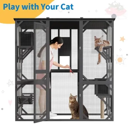 Jojoka 70 Inch Large Walk-in Outdoor Catio Cat Enclosure with Window Access, Roof, Resting Boxes, Hammock, Scratching Post, Grey image {6}