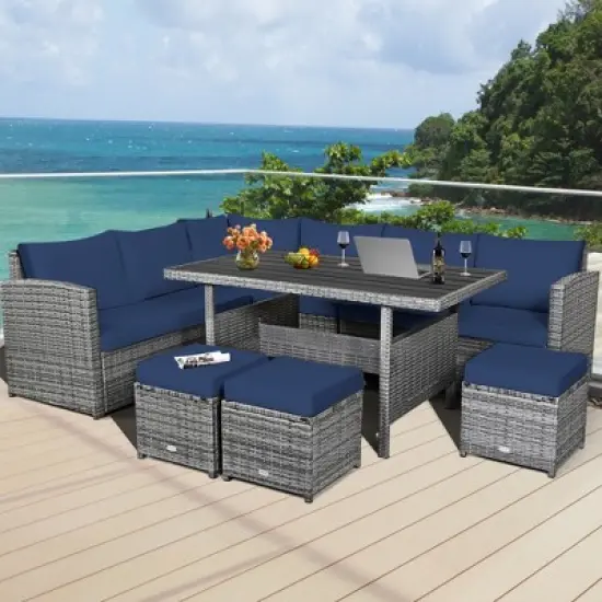 Tangkula 7PCS Rattan Patio Sectional Sofa Set Conversation Set w/ Navy Cushions image {2}