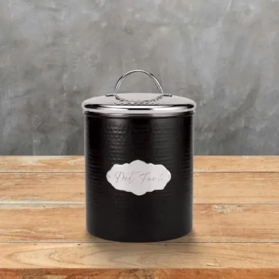 Amici Pet Cavalier Pet Food Canister, Black & Silver Hammered Metal Storage Jar with Handle Lid - Large 104 Oz. Airtight Container, 10" H x 6.5" W image {2}