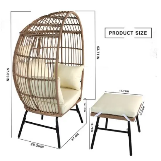 Egg Chair Outdoor, Patio Chair With Ottoman, Hand-woven PE Wicker, 3.9 Inches Thick Cushion, Steel Frame, Lumbar Support image {2}