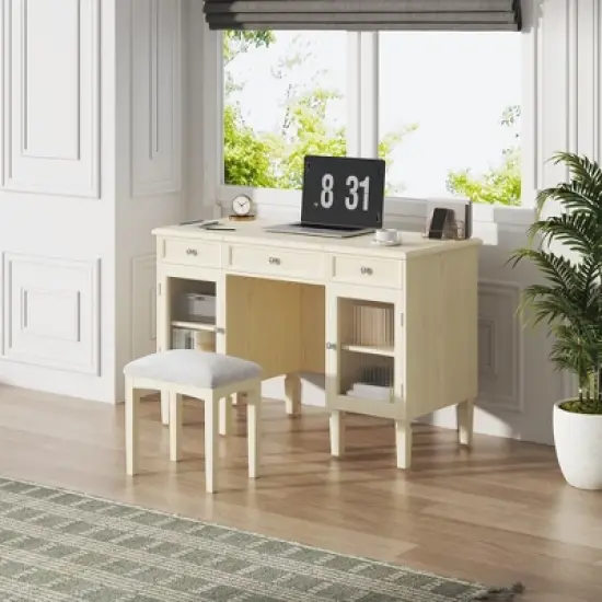 TOBILI 2-in-1 Vanity Desk with Flip-Top Mirror, Dressing Table Set with Drawer & Cabinet, Multi-Functional Computer Writing Desk image {3}