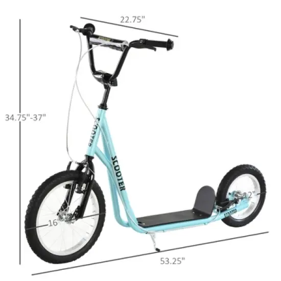 53.30"Youth Scooter, Teens Kick Scooter, Adjustable Handlebar Ride On Toy for 5+ with 16" Front and 12" Rear Dual Brakes Inflatable, Blue image {7}