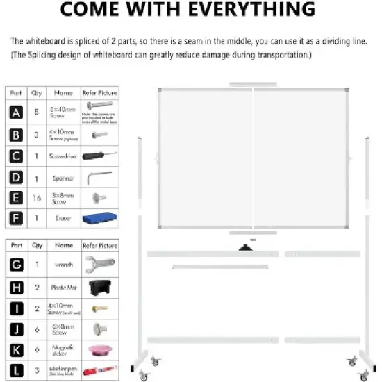 48" x 36"  Whiteboard on Wheels, Double-Sided RollingWhiteboard,Mobile Magnetic Dry Erase Board with Stand and Easel, Silver image {5}