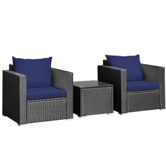 Tangkula 3PCS Rattan Patio Conversation Furniture Set Outdoor w/ Navy Cushions image {9}