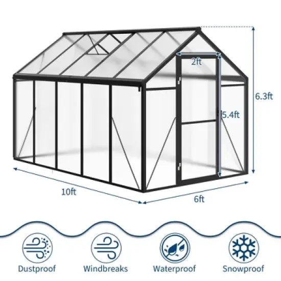 6x10FT Walk in Polycarbonate Greenhouses with Enhanced Aluminum Frame and Roof Vent for Outdoors and Seasons Garden Planting image {1}