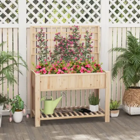 Tangkula Raised Garden Bed w/ Trellis Wooden Elevated Planter Box w/ Legs & Liner Natural image {2}