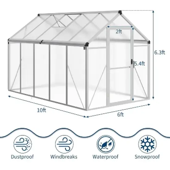 Acekool 6x10FT Aluminum Greenhouse - Polycarbonate Panels, Roof Vent & Sliding Door for Outdoor Gardening image {1}
