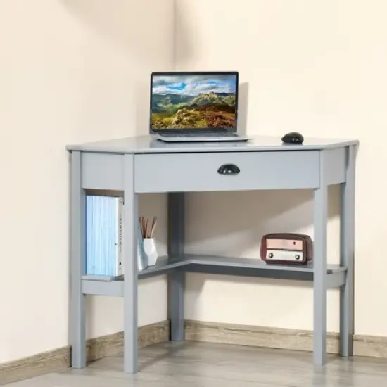 HOMCOM Corner Desk, Triangle Computer Desk with Drawer and Storage Shelves for Small Spaces, Home Office Workstation for Living Room, or Bedroom, Gray image {1}