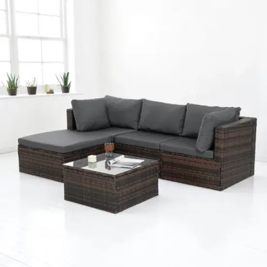 5-Piece Patio Furniture Set with PE Wicker Furniture set, Tempered Glass Table, Cushions with Zipper,Outdoor Furniture set image {5}