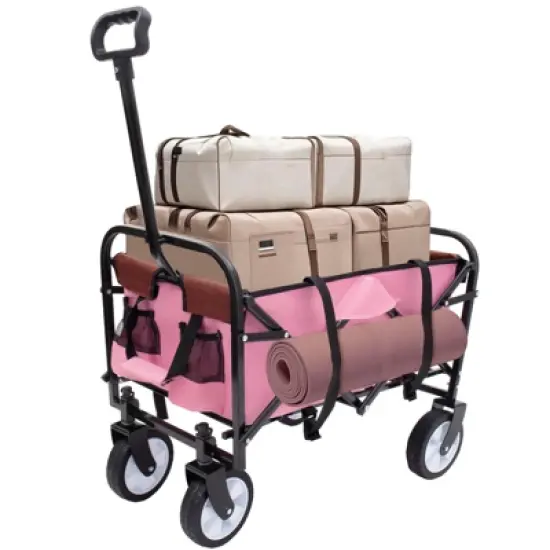 DSVIMOY Collapsible Foldable Wagon Cart with Strapping, Wagon Grocery Cart for Camping Shopping Sports, Pink, 25.98"*17.32"*37.4" image {5}