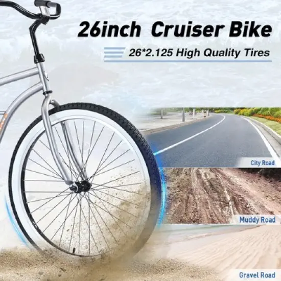 Gulches 26-Inch Single Speed Bicycles - Silver+Gray Beach Cruiser with Wide Wheels for Stability image {3}