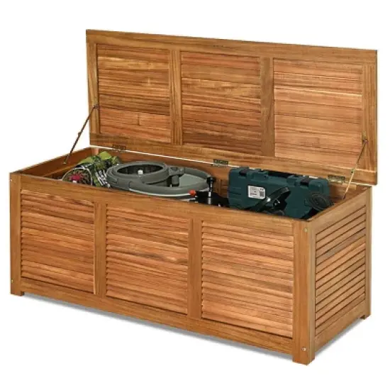 WELLFOR 47gal Outdoor Acacia Wood Storage Bench and Deck Box image {6}