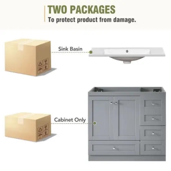 36"W Shaker Style Free-Standing Bathroom Vanity Cabinet with Resin Sink, 4 Drawers and 2 Soft-Close Doors - ModernLuxe image {9}